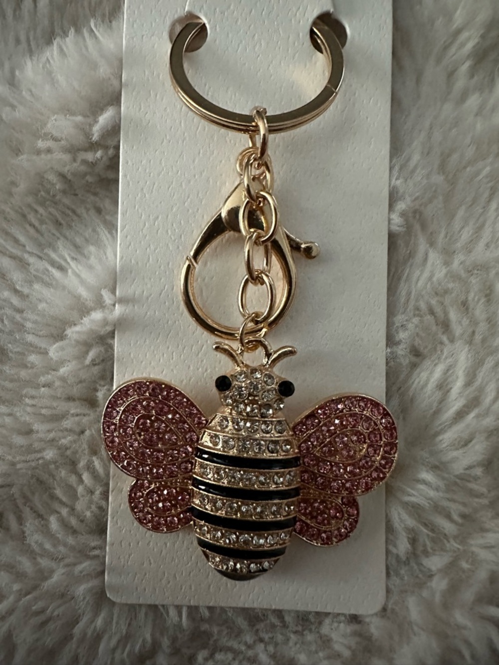 Gold Tone Pink & Clear Pave Crystal Bee Keychain Charm - Luxury Bag Charm 4”x2” - Picture 2 of 4
